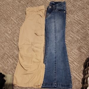 Tan Cargo Pants and Blue Denim Flarrle Jeans